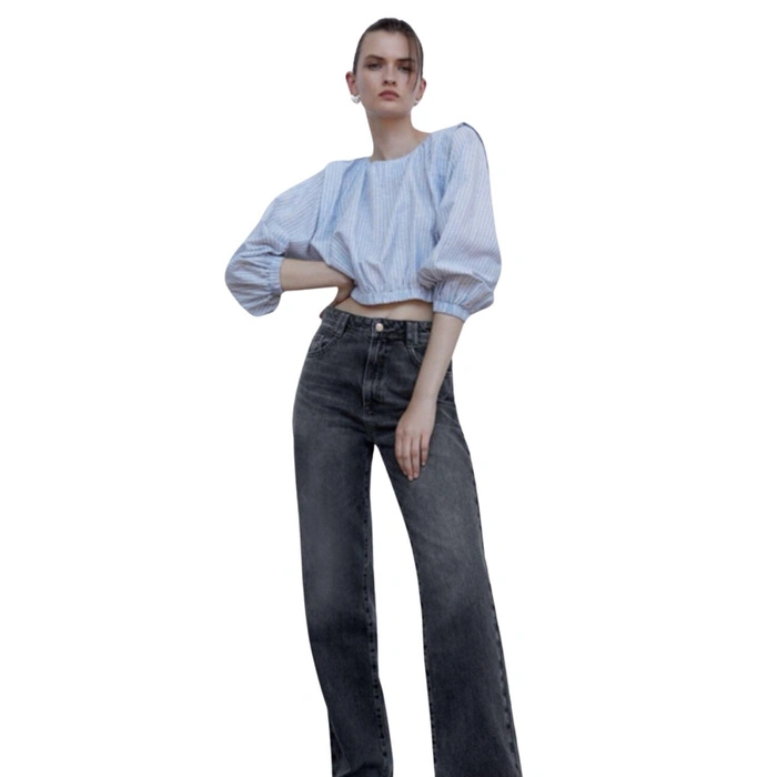 Bluzka damska Zara crop top z lnem niebieska w paski