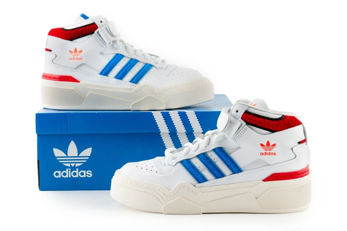 Buty damskie Adidas Forum Bonega 2B skórzane wysokie biało niebieskie