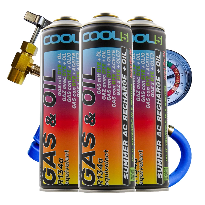 Zestaw czynnik do klimatyzacji 3x 2 w 1 + przewód do klimatyzacji Cool5 zamiennik R134a + Mikrofibra