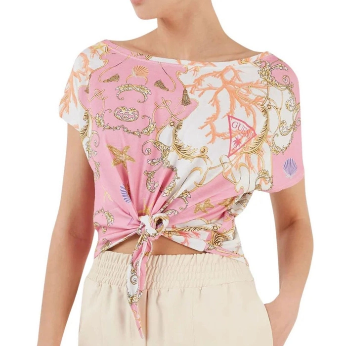 Koszulka damska Guess wzorzysta którka crop wiązana