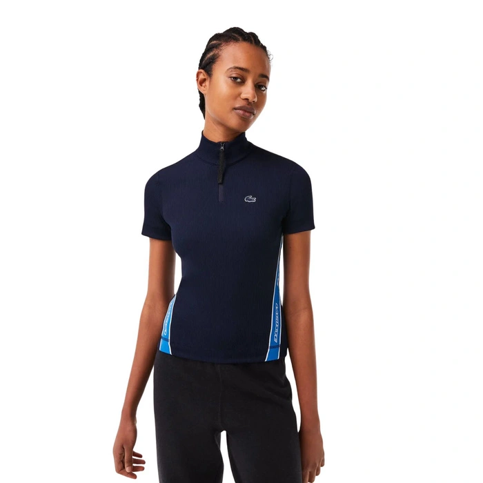 Koszulka damska Lacoste Contrast Bands Zip Neck Polo granatowa r. S