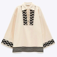 Bluzka damska Zara boho oversize beżowa z lnem