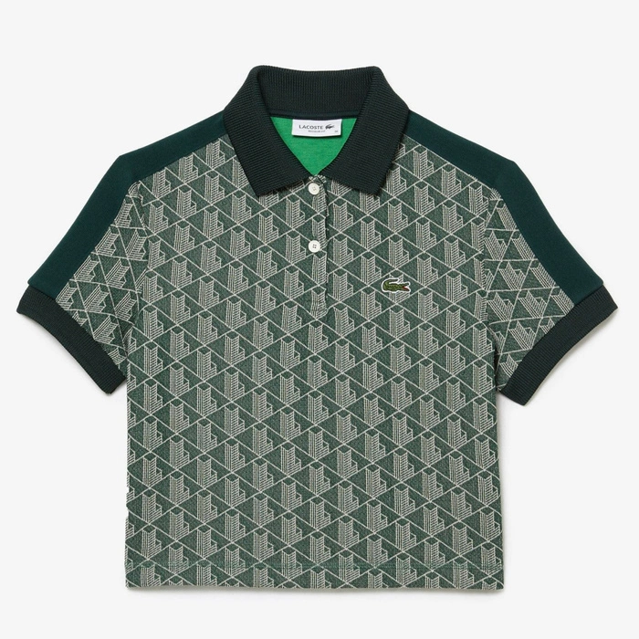 Koszulka damska Lacoste Contrast Collar Monogram crop top zielona r. XS