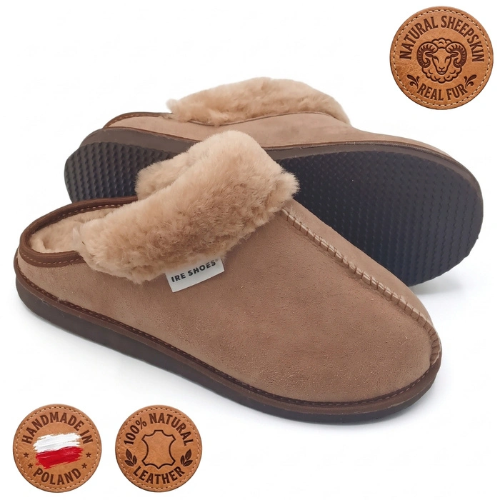 Kapcie damskie IRE SHOES ze skóry owczej naturalny kożuch futro ciepłe ręcznie szyte r. 41