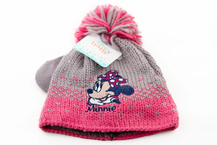 Komplet czapka rękawiczki Disney Minnie dla dziewczynki zimowy szaro różowa r. 48
