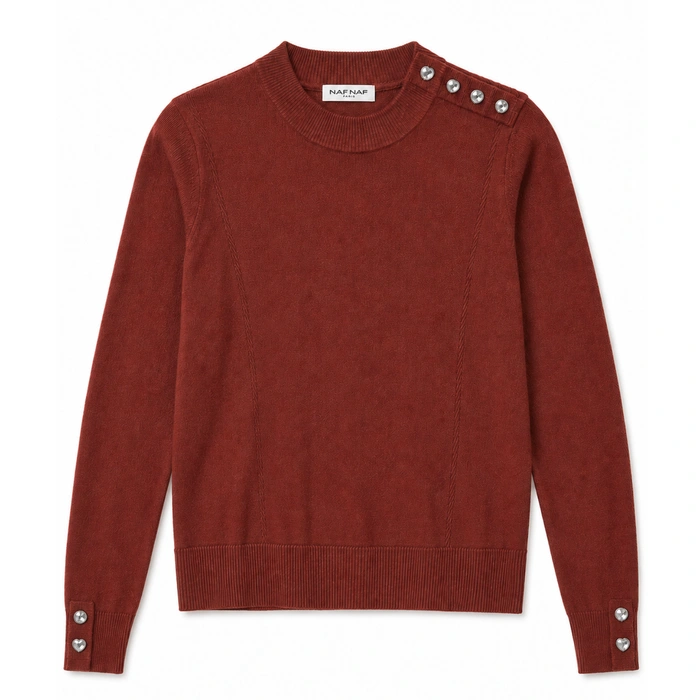 Sweter damska Naf Naf Alina brązowy z ozdobnymi guzikami r. M